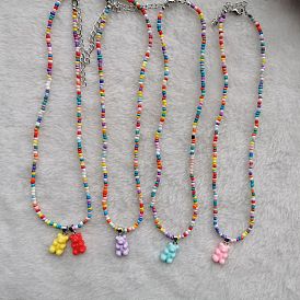 Cute Colorful Teddy Bear Necklace with Resin Beads and Rainbow Design
