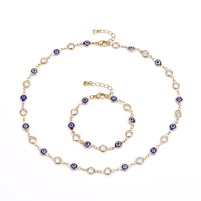 Brass Link Chain Bracelet & Necklace Jewelry Sets, with Glass & Cubic Zirconia & 304 Stainless Steel Lobster Claw Clasps, Evil Eye, Blue