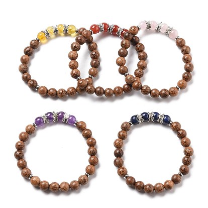 Stretch Bracelets, with Round Natural Gemstone Beads, Natural Wood Beads, Alloy Bead Caps and 304 Stainless Steel Spacer Beads