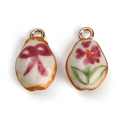 Handmade Porcelain with Brass Pendants, Oval Charms, Hand Painted, Famille Rose Porcelain, Golden