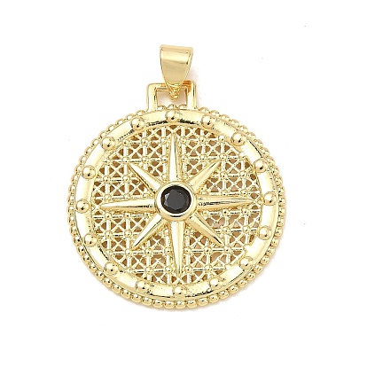 Brass Micro Pave Black Cubic Zirconia Pendants, Flat Round with Star Charms, Rack Plating, Long-Lasting Plated, Cadmium Free & Lead Free