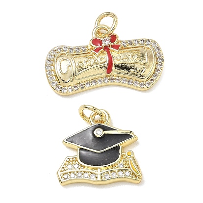 Colgantes de circonita cúbica transparente con micropavé de latón y esmalte, dijes para birrete/diploma de graduación, dorado
