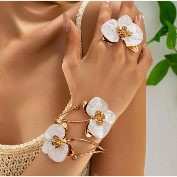 Conjuntos de joyería de hierro esmaltado, Conjuntos de pulseras y anillos con flores para mujer, dorado