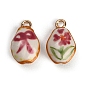 Handmade Porcelain with Brass Pendants, Oval Charms, Hand Painted, Famille Rose Porcelain, Golden