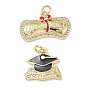 Brass Micro Pave Clear Cubic Zirconia with Enamel Pendants, Graduation Cap/Diploma Charms, Golden