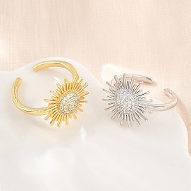 Sun Brass Micro Pave Cubic Zirconia Cuff Open Rings for Women, Cadmium Free & Lead Free, Rack Plating, Long-Lasting Plated