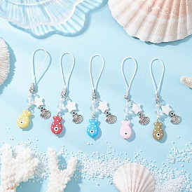 Ремешки для мобильных телефонов из сплава лэмпворк, с бусинами из синтетического лунного камня, стеклянными бусинами и бусинами из ракушек, рыба в форме ракушки, платина