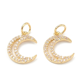 Brass Clear Cubic Zirconia Charms, Long-Lasting Plated, with Jump Ring, Moon