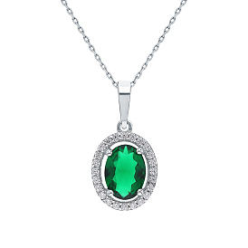 Sterling Silver Glass Oval Pendant Necklaces for Women, Green