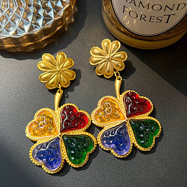Exaggerated Resin Heart Alloy Flower Earrings for Women with Chic and Elegant Style in Golden Color