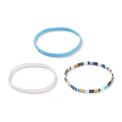 3Pcs 3 Style Glass Seed Rectangle Beaded Stretch Bracelets Set, Tile Bracelets for Women