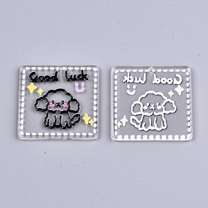 Transparent Acrylic Pendants, 3D Printed, Square with Dog Pattern & Word Good Luck