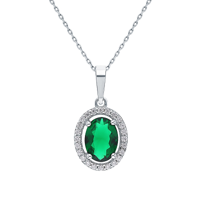 Sterling Silver Glass Oval Pendant Necklaces for Women, Green