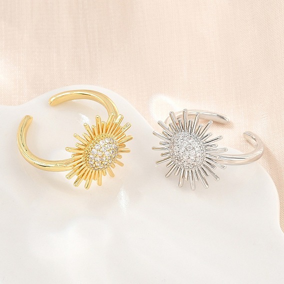 Sun Brass Micro Pave Cubic Zirconia Cuff Open Rings for Women, Cadmium Free & Lead Free, Rack Plating, Long-Lasting Plated