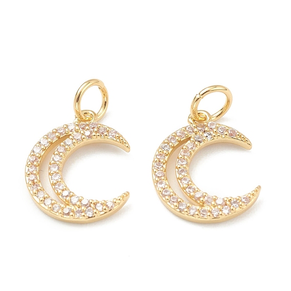 Brass Clear Cubic Zirconia Charms, Long-Lasting Plated, with Jump Ring, Moon