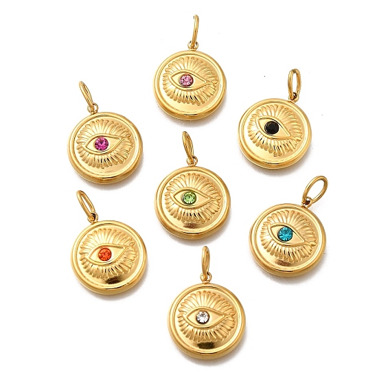 304 подвески из нержавеющей стали, со стразами и прыжковыми кольцами, ионное покрытие (ip), плоский круглый с шармом в виде глаз, реальный 14 k позолоченный