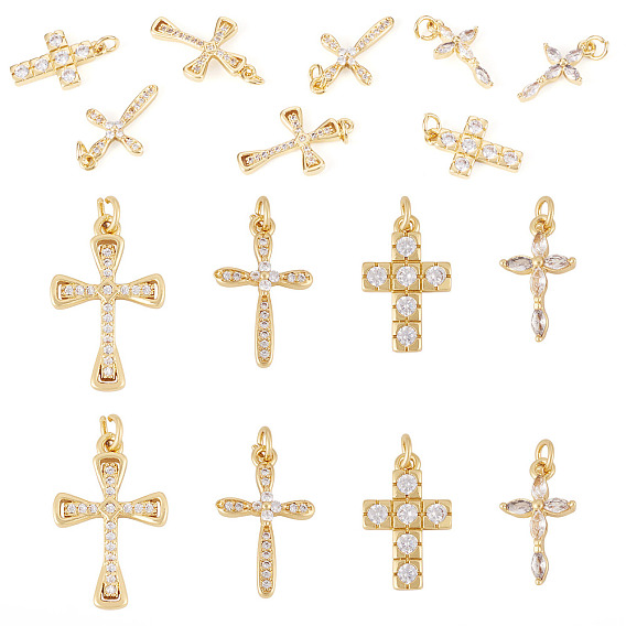 8 шт 4 стили латунные подвески из микропаве с фианитом, с целью перехода в кольце, крестик, без свинца и без кадмия, долговечный