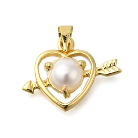 Heart with Arrow Rack Plating Brass Pendants, with ABS Imitation Pearl, Lead Free & Cadmium Free