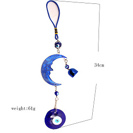 Alloy Enamel Moon Pendant Decorations, Lampwork Flat Round with Evil Eye and Bell Car Hanging Decoration