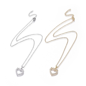 Brass Micro Pave Clear Cubic Zirconia Pendant Necklaces, with 304 Stainless Steel Cable Chains, Heart