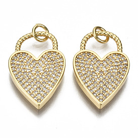 Brass Micro Pave Clear Cubic Zirconia Pendants, with Jump Rings, Nickel Free, Heart Lock Shape