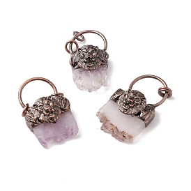 Natural Druzy Amethyst Big Pendants, with Red Copper Tone Brass Findings, Rectangle with Lion, Cadmium Free & Lead Free