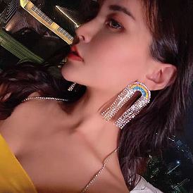 Sparkling Rainbow Tassel Earrings for Women - Creative Fashion Jewelry with Full Rhinestone and Unique Design