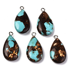 Assembled Natural Bronzite and Synthetic Turquoise Pendants, with Iron Loop, Teardrop