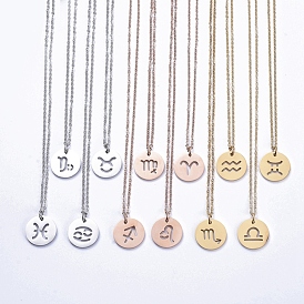 304 Stainless Steel Pendant Necklaces, with Cable Chains and Lobster Claw Clasps, Flat Round with Twelve Constellations