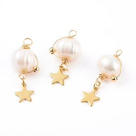 Pendentifs de perles d'eau douce de culture naturelle, avec 304 charmes d'étoile en acier inoxydable, perles de laiton et fil de cuivre