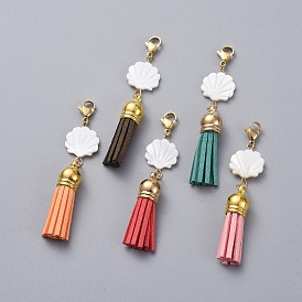 Faux Suede Tassel Big Pendants, with Natural Freshwater Shell Beads and 304 Stainless Steel Lobster Claw Clasps