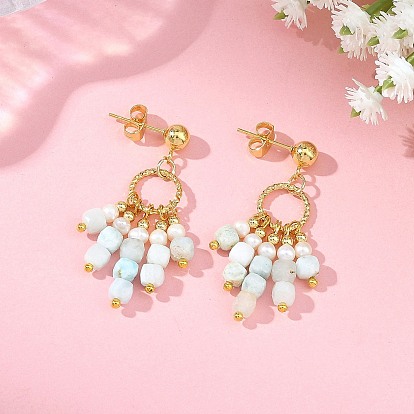 Natural Larimar & Natural Cultured Freshwater Pearl Dangle Earrings for Women, 304 Stainless Steel Stud Earrings