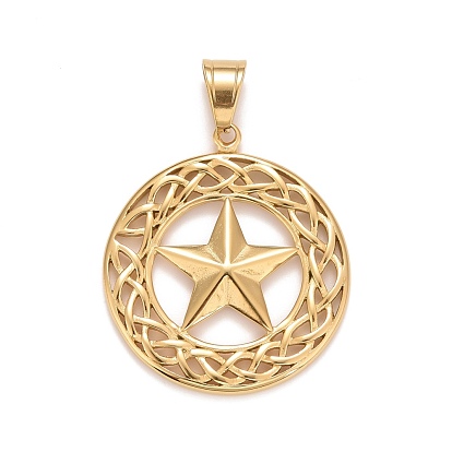 Ion Plating(IP) 304 Stainless Steel Pendants, Flat Round with Star