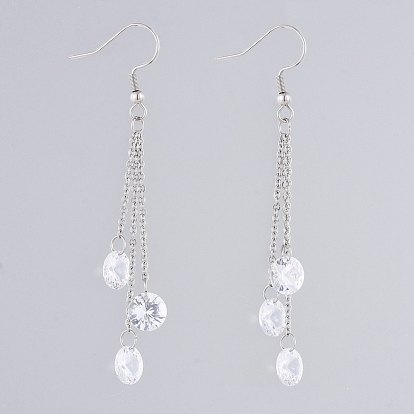 304 Stainless Steel Dangle Earrings, Cable Chains, with Cubic Zirconia Charms