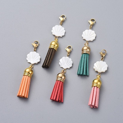 Faux Suede Tassel Big Pendants, with Natural Freshwater Shell Beads and 304 Stainless Steel Lobster Claw Clasps