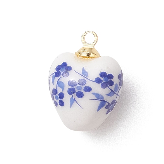 Фарфора ручной работы подвески, сердце с цветочными подвесками, белый и голубой фарфор, с латунными чашеобразными перламутровыми дужками
