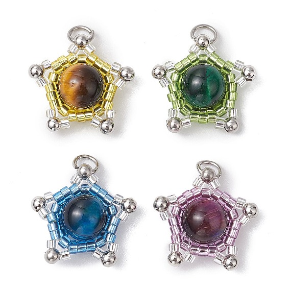 Подвески из бисера цилиндрической формы и натурального тигрового глаза, с открытыми пружинными кольцами из нержавеющей стали 304, звезда