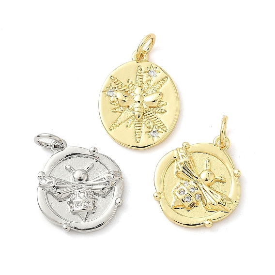 Латунные микропаве прозрачные подвески с фианитом, плоский круглый с пчелами, долговечный, без кадмия и без свинца, стойки покрытие, с целью перехода в кольце