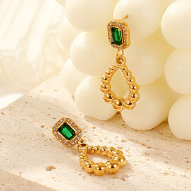 Green Cubic Zirconia & Stainless Steel Teardrop Dangle Stud Earrings, Elegant Fashion Jewelry