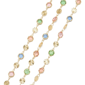 Handmade Round Glass Beaded Chains, with Brass Flat Round Charms and Spool, Soldered, Long-Lasting Plated, Golden