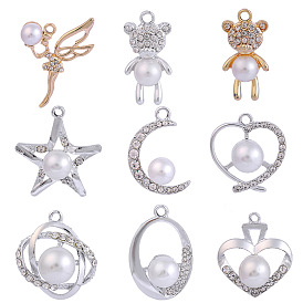 Alloy Rhinestone Pendants, with Plastic Imitation Pearl, Platinum