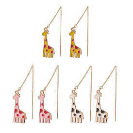3 Pair 3 Color Alloy Enamel Giraffe Dangle Stud Earrings, Golden Brass Ear Threads for Women