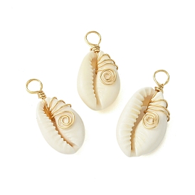 Natural Cowrie Shell Pendants, Shell Shaped Charms with Copper Wire Wrapped