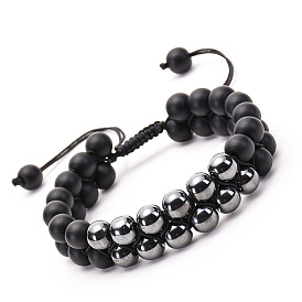 Natural Stone Matte Beaded Double Strand Bracelet with Iron Ore Wrap Weave