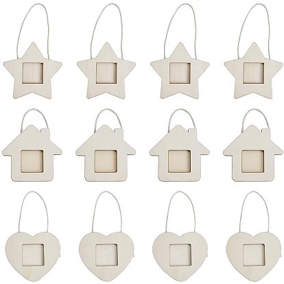 Wood Pendants, Photo Frame Theme, Undyed, House, Star, Heart