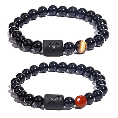 Natural Black Agate(Dyed & Heated) Stretch Bracelets, Constellations Theme Bracelet