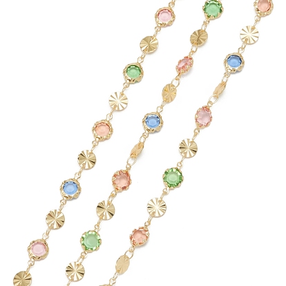 Handmade Round Glass Beaded Chains, with Brass Flat Round Charms and Spool, Soldered, Long-Lasting Plated, Golden