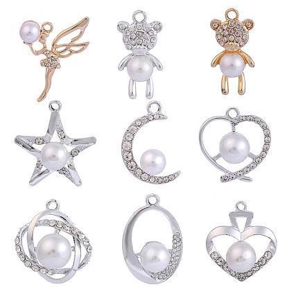 Подвески из сплава и страза, с пластиковой имитационной жемчужиной, платина