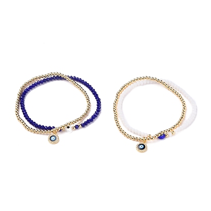 Stretch Bracelets Sets, with Round Brass Beads, Glass Beads, Evil Eye Lampwork Beads and Brass Micro Pave Cubic Zirconia Charms, Golden