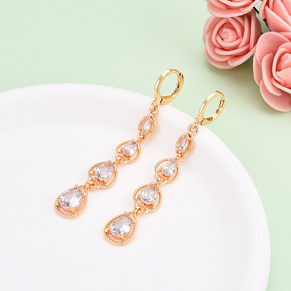 Серьги-капли из латуни с микропаве из кубических цирконий с подвеской-рычагом, долговечный, золотые